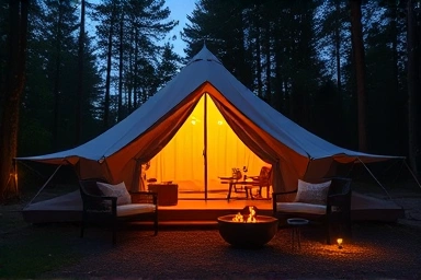 Romantic forest glamping tent at twilight with fire pit