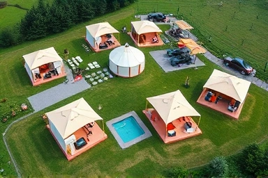 Aerial view of luxury glamping site in Gyeonggi-do with pools