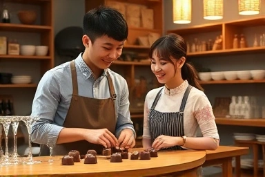 커플이 함께 수제 초콜릿을 만드는 로맨틱한 공방 풍경