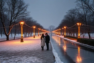 Romantic winter evening at Songdo Central Park, Incheon.