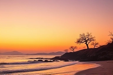 Serene Jeju winter coastline at sunset, peaceful atmosphere.