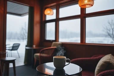 Cozy Jeju cafe interior, warm winter atmosphere, peaceful reflection.