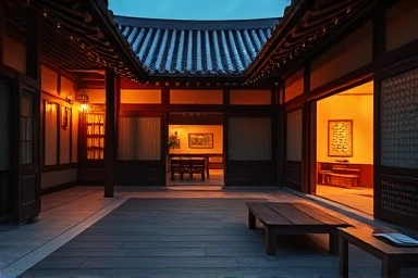 Elegant Hanok stay courtyard at dusk with warm lighting