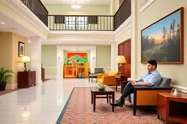 Parents relaxing while children play in a hotel kids' zone.