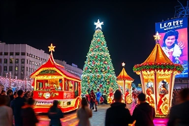 Magical Lotte World Christmas parade with joyful crowds and festive floats.