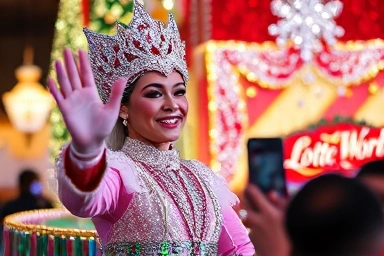 Lotte World Christmas parade performer interacting with cheerful audience.