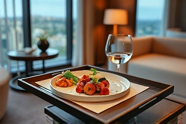 Gourmet meal served in a luxurious hotel room.