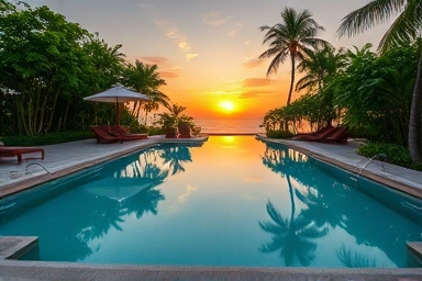 Luxurious private pool villa at sunset, serene and exclusive.