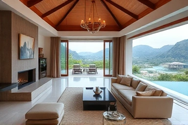 Elegant interior of a luxury private pool villa with nature view.