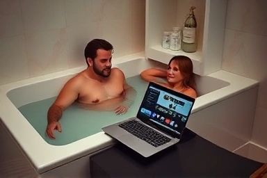 Couple enjoying a relaxing hotel stay with entertainment.