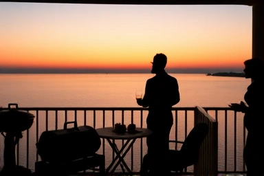 Couple enjoying private balcony barbecue overlooking the sea