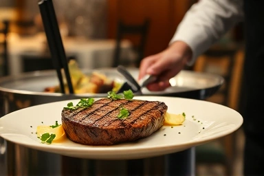 Chef plating gourmet steak at hotel restaurant live station.