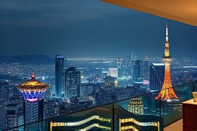 Seoul skyline night view from luxury hotel Namsan Tower
