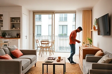 Cozy apartment with kitchenette, preparing healthy meal.