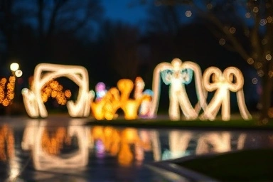 Magical light installations and glowing sculptures in a park at night.