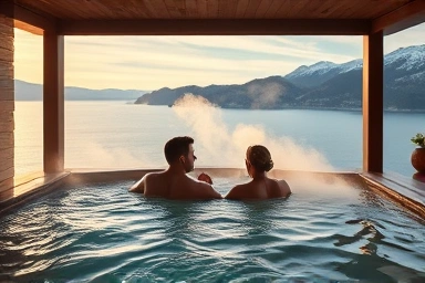 Couple enjoying private hot spring with ocean view in winter