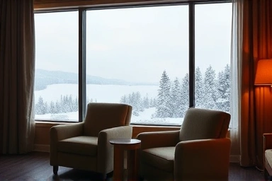 Cozy hotel room with winter landscape view
