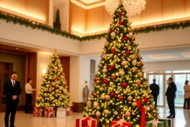Festive hotel lobby with Christmas tree
