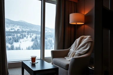 Cozy hotel room with winter view, inviting atmosphere