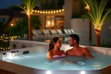 Romantic couple in private hot tub at night