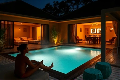 Couple relaxing in a luxurious private pool villa at night.