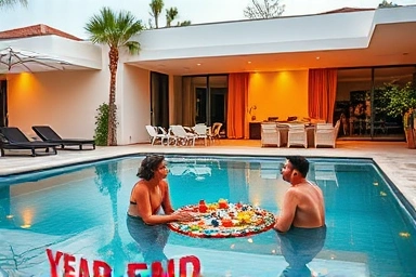 Family celebrating year-end in a private pool villa with barbecue.
