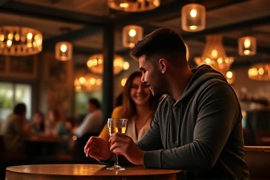 Couple sharing a romantic year-end meal in a cozy cafe.