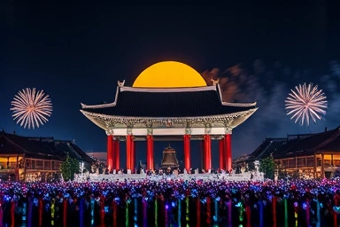 Thousands holding LED wristbands at Bosingak Bell Pavilion for New Year's Eve.