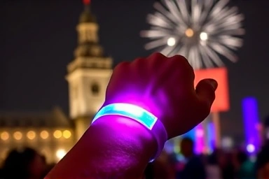 Close-up of glowing LED wristband at a New Year's Eve event.