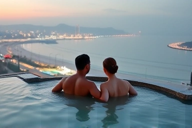 Couple relaxing in Busan Cimer hot spring with beach view