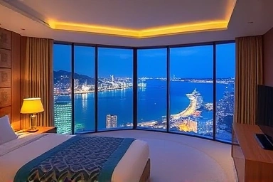 Luxurious Busan hotel room with night ocean view