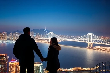 Couple enjoying romantic Busan night view from above