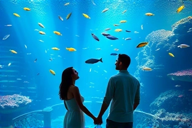 Couple enjoying a romantic aquarium date