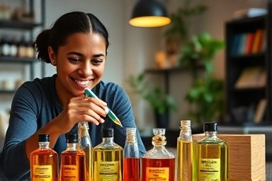 Couple creating custom perfume in a workshop, intimate date activity.