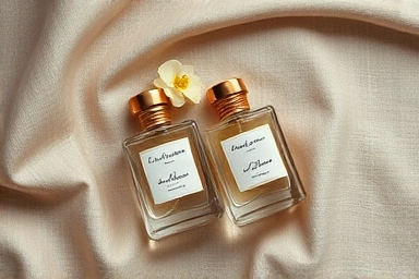 Two personalized perfume bottles symbolizing a couple's unique scents.