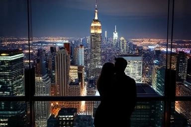 Couple enjoying city skyline view from high observation deck.