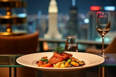 Gourmet dinner with romantic city night view backdrop.