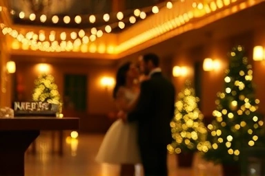 Cozy theater lobby with holiday decorations, couples waiting.