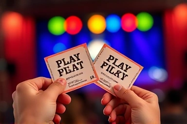 Hands holding theater tickets with blurred stage lights.
