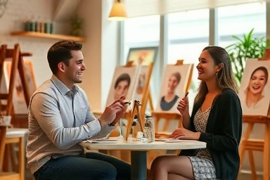 Couple happily drawing portraits of each other in a cafe.