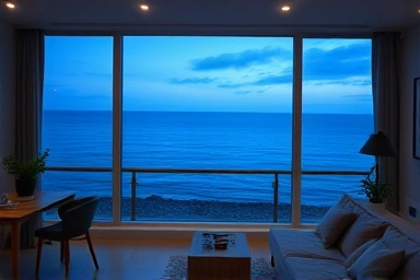 Cozy ocean-view pension room at dusk.