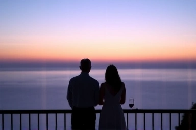 Couple enjoying a romantic ocean view from pension balcony.