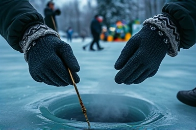 Ice fishing detail, frozen river, winter angling, peaceful winter activity
