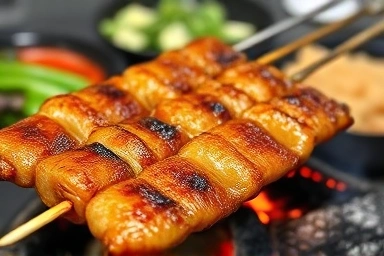 Close-up of sizzling charcoal-grilled eel with side dishes