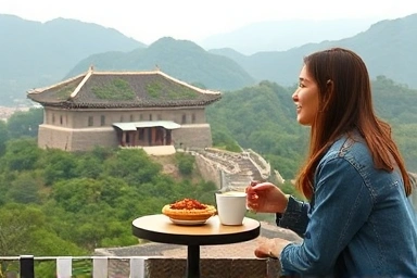 Couple enjoying chestnut pie with historic fortress view