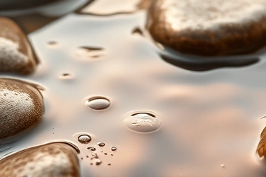 Close-up of warm water droplets on stone near a hot spring