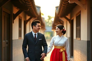 Couple in vintage hanbok enjoying romantic Ikseon-dong alley date.