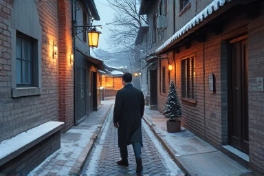 Couple enjoying a romantic winter walk in a hanok village