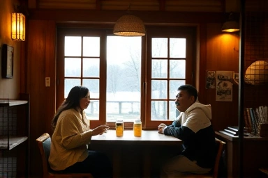 Cozy hanok cafe interior with a couple enjoying winter drinks