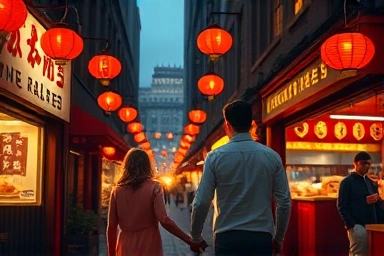 Romantic Chinatown street with couple during year-end festivities.